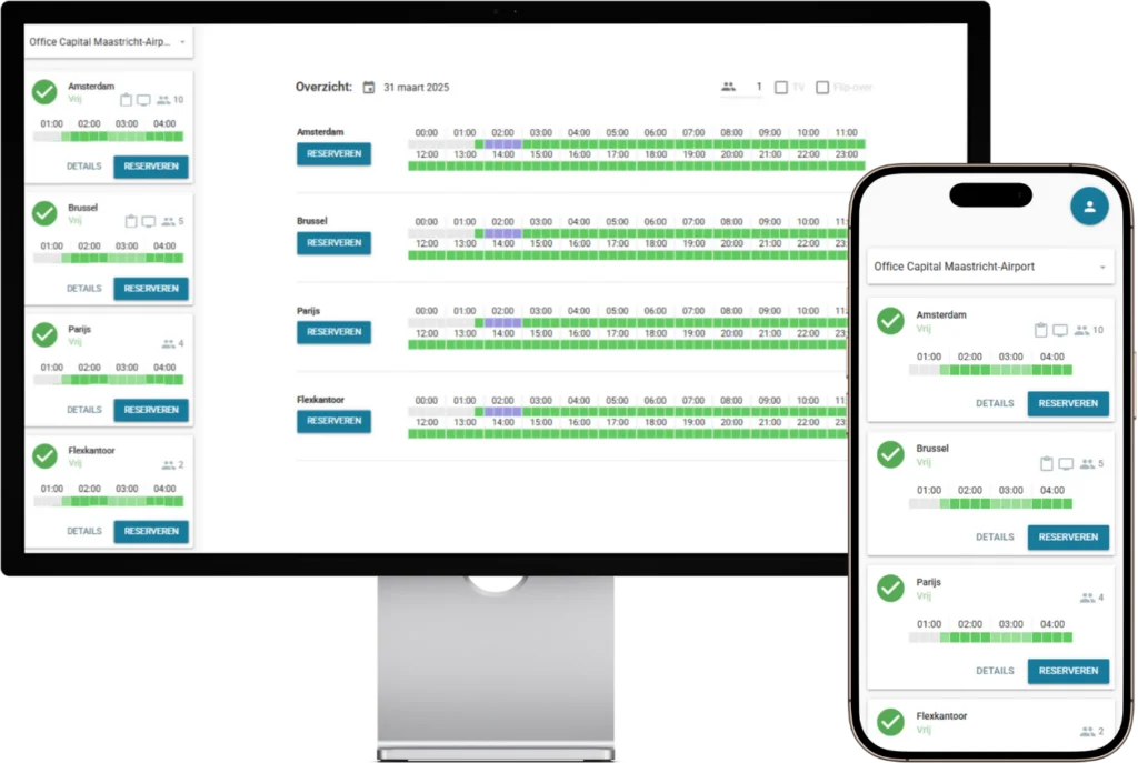 Schermafbeelding van de reserveringsapp van Office Capital met een overzicht van de vergaderruimtes